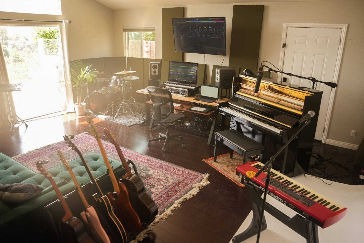Wide view of guitar collection and studio